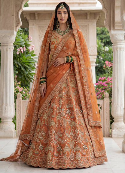 Orange Silk Embroidery Work Wedding Wear Lehenga Choli SW668263