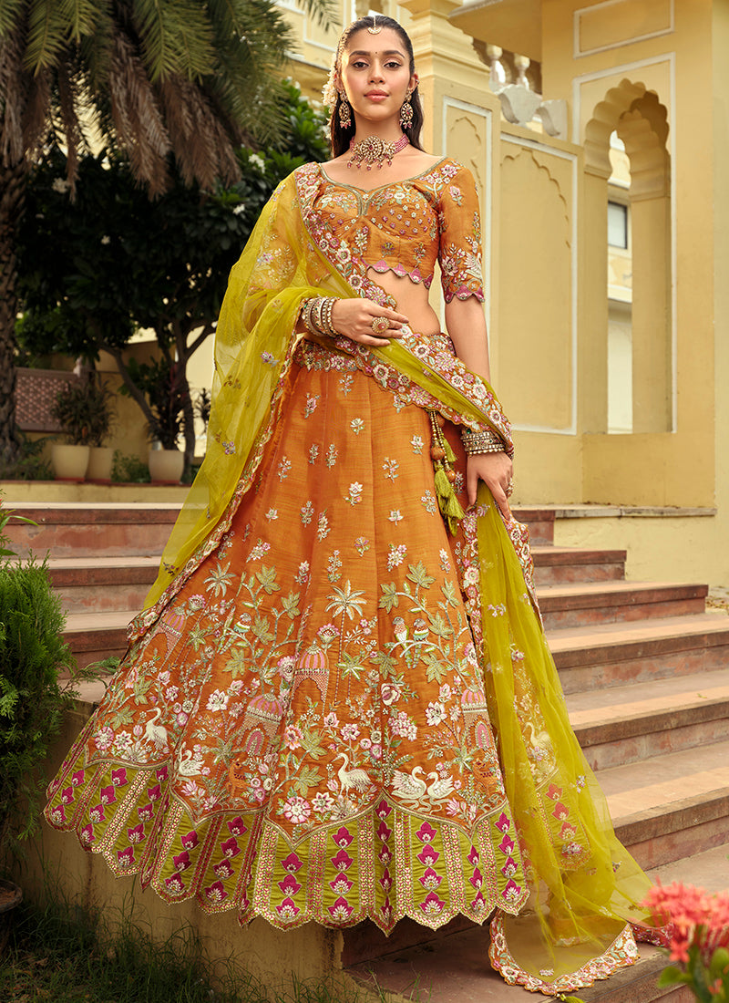 Silk Orange Wedding Wear Heavy Embroidery Cut Work Readymade Lehenga Choli 386495