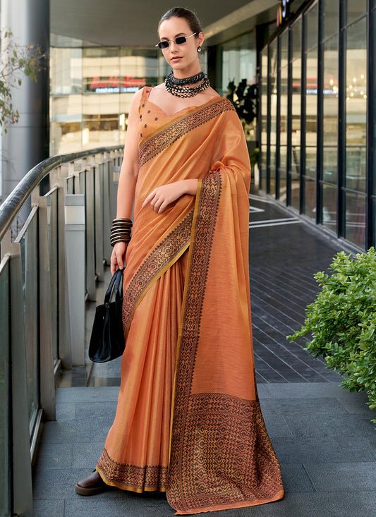 Orange Tissue Silk Printed Work Occasional Wear Saree SW995465