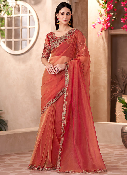 Tissue Silk Orange Saree with Linen Work for Bridal Wear 380651