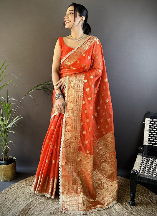 Tissue Silk Orange Saree with Border Work for Wedding Wear 381064