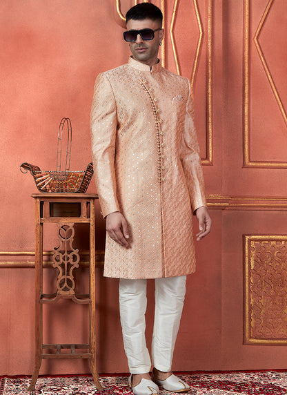 Silk Orange Wedding Wear Computer Thread Readymade Sherwani Set 348365