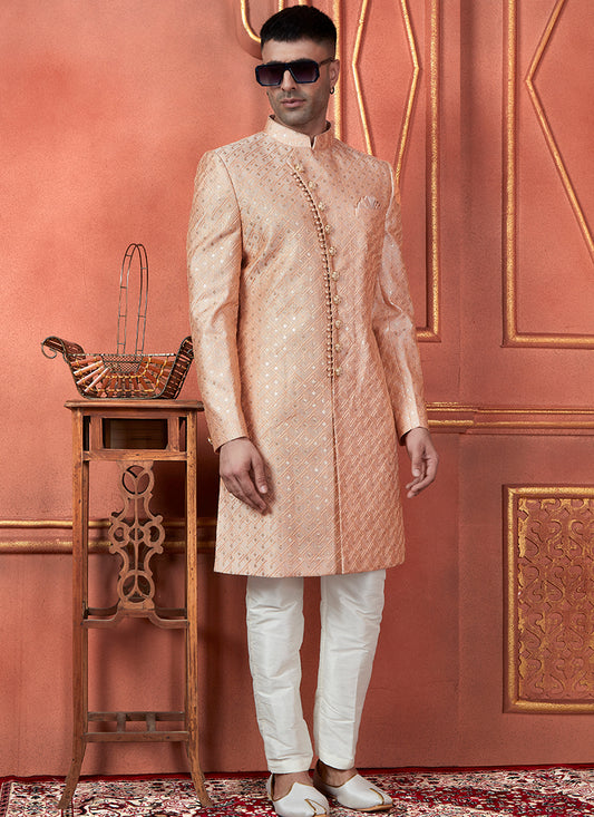 Silk Orange Wedding Wear Computer Thread Readymade Sherwani Set 348365