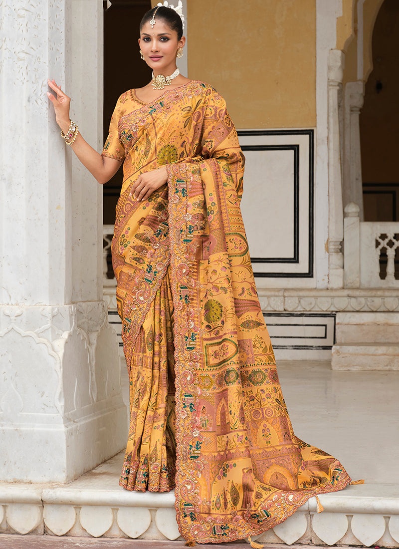 Zari Silk Orange Wedding Wear Embroidery Khatil Work Wedding Saree 388433