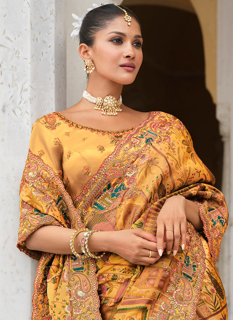 Zari Silk Orange Wedding Wear Embroidery Khatil Work Wedding Saree 388433