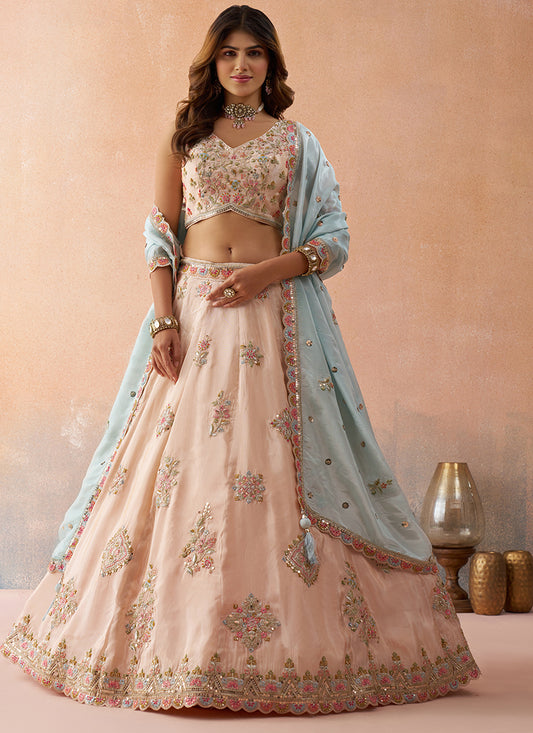 Lime Green Tissue Sequins Work Reception Wear Lehenga Choli SW751035