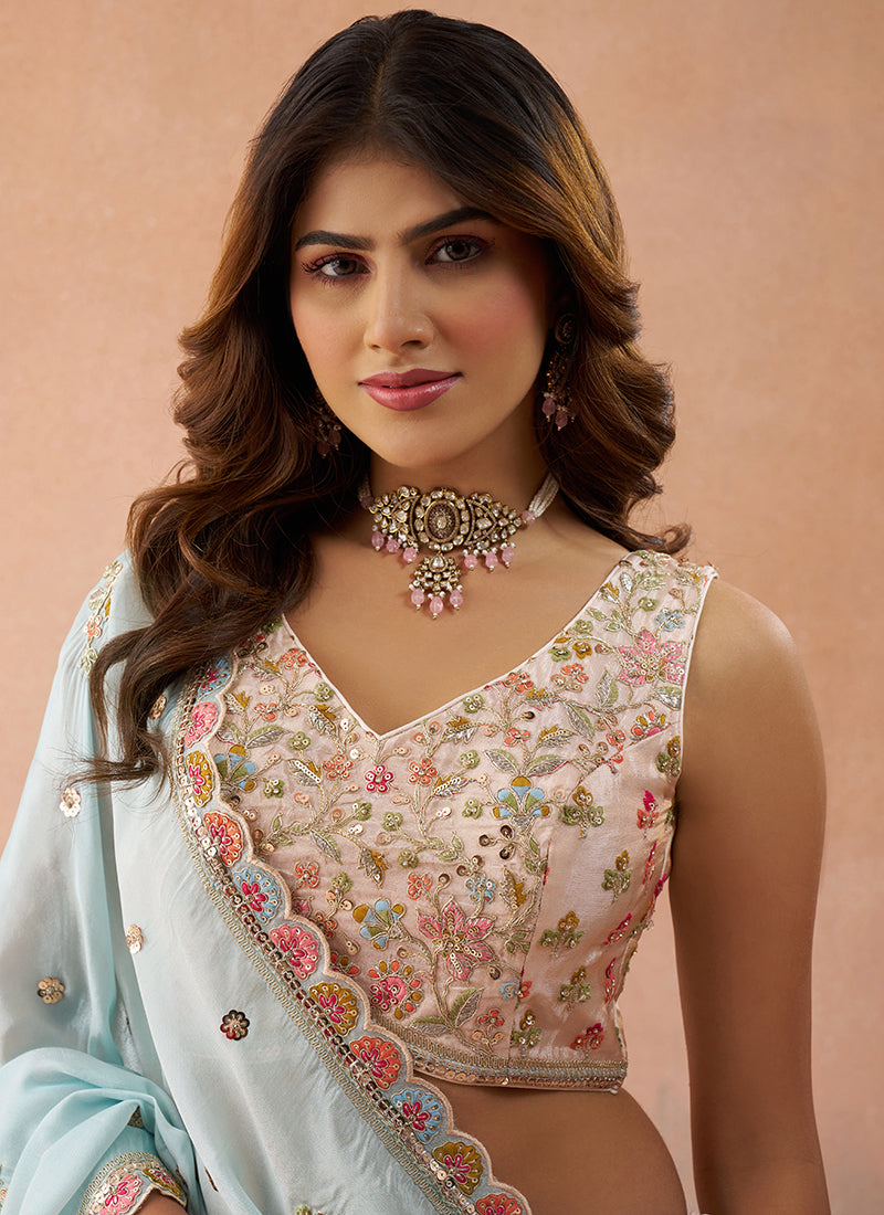 Lime Green Tissue Sequins Work Reception Wear Lehenga Choli SW751035