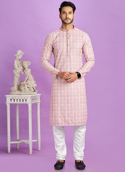 Pink Cotton Pintux Work Festival Wear Readymade Kurta Pajama SW211758