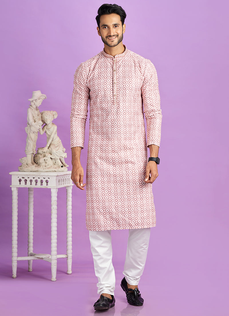 Pink Cotton Pintux Work Festival Wear Readymade Kurta Pajama SW211758