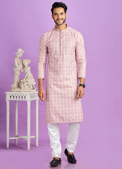 Pink Cotton Pintux Work Festival Wear Readymade Kurta Pajama SW211758