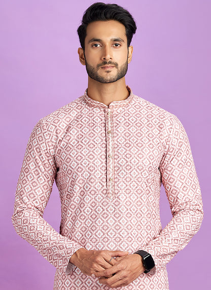 Pink Cotton Pintux Work Festival Wear Readymade Kurta Pajama SW211758