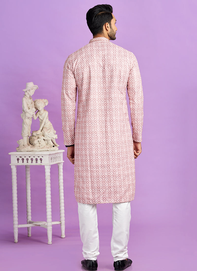 Pink Cotton Pintux Work Festival Wear Readymade Kurta Pajama SW211758