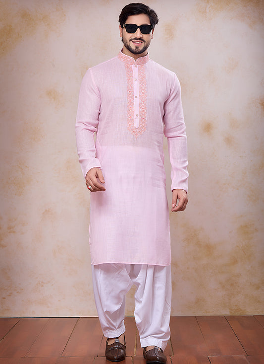 Pink Linen Cotton Embroidery Work Occasional Wear Readymade Kurta Pajama SW632701