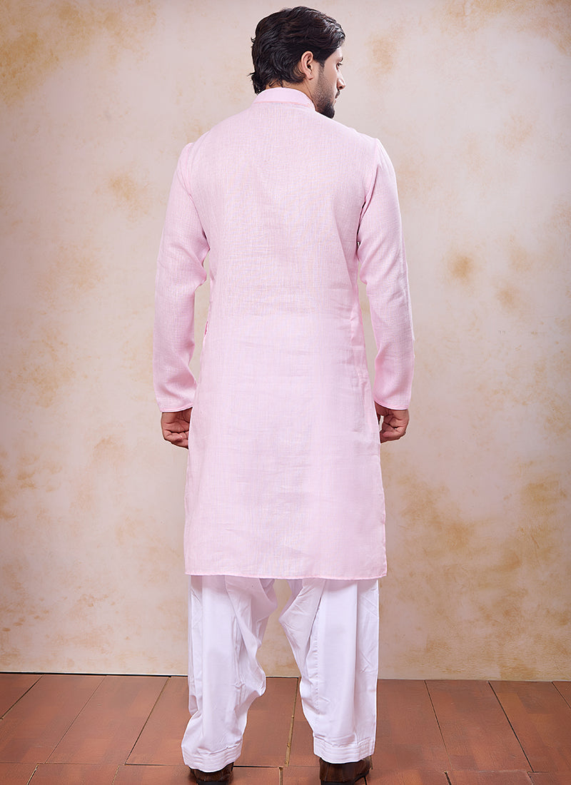 Pink Linen Cotton Embroidery Work Occasional Wear Readymade Kurta Pajama SW632701