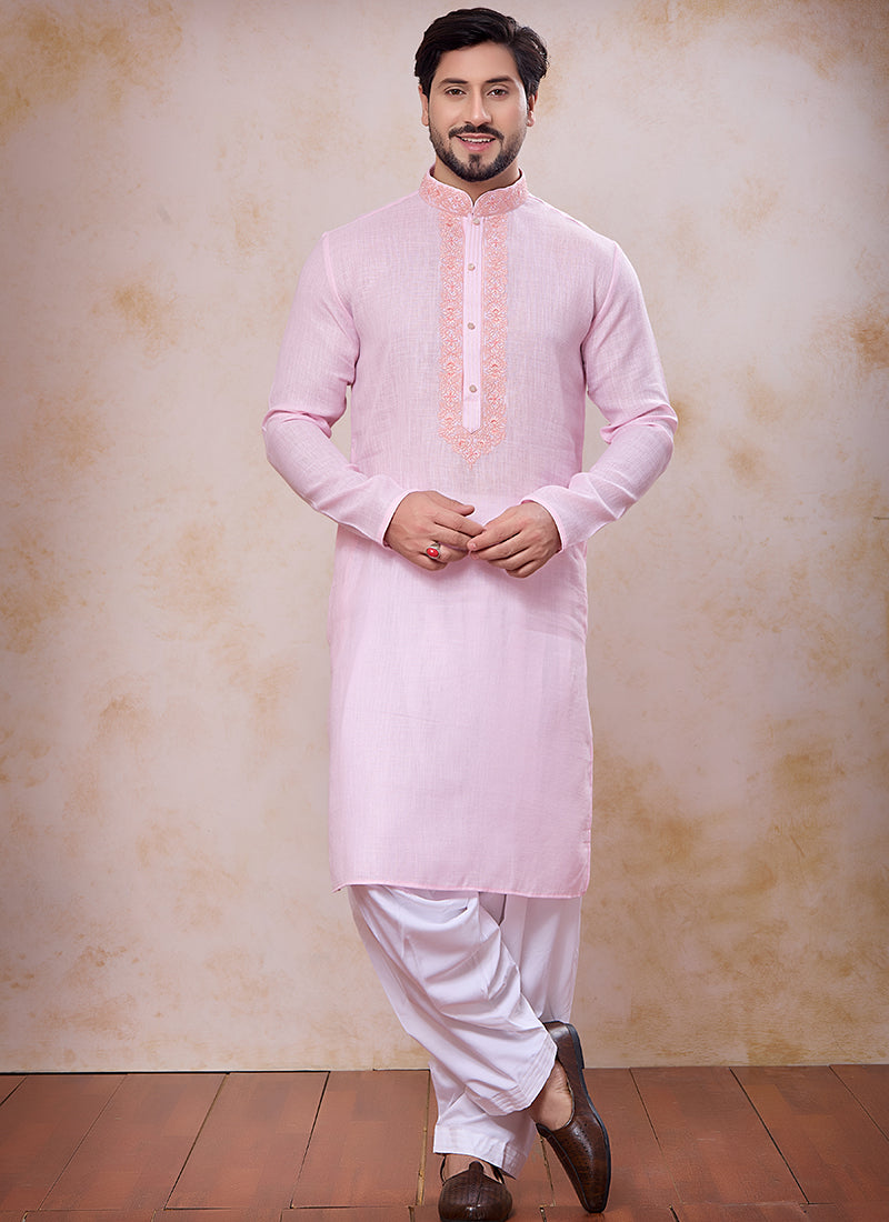 Pink Linen Cotton Embroidery Work Occasional Wear Readymade Kurta Pajama SW632701