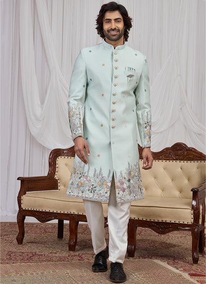 Pista Green Art Silk Patten Pcs Wedding Wear Readymade Indowestern Suit SW142980