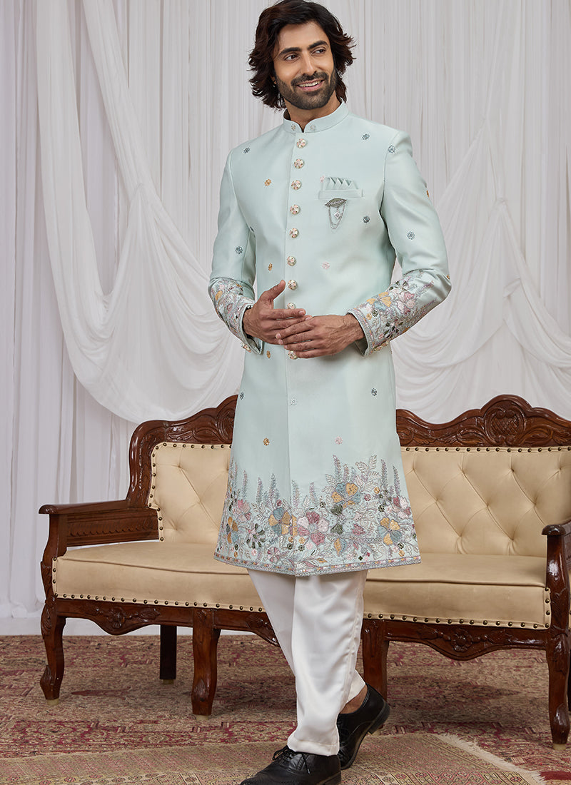 Pista Green Art Silk Patten Pcs Wedding Wear Readymade Indowestern Suit SW142980