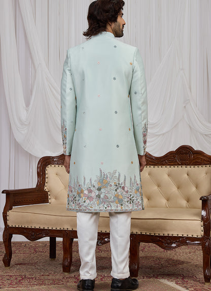 Pista Green Art Silk Patten Pcs Wedding Wear Readymade Indowestern Suit SW142980