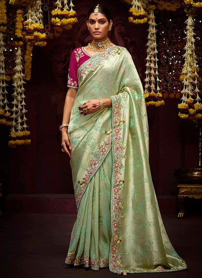 Pista Green Kanjivaram Silk Sequins Work  Party Wear Saree SW858549