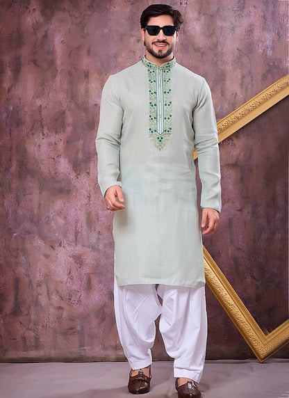 Pista Green Linen Cotton Embroidery Work Occasional Wear Readymade Kurta Pajama SW691769