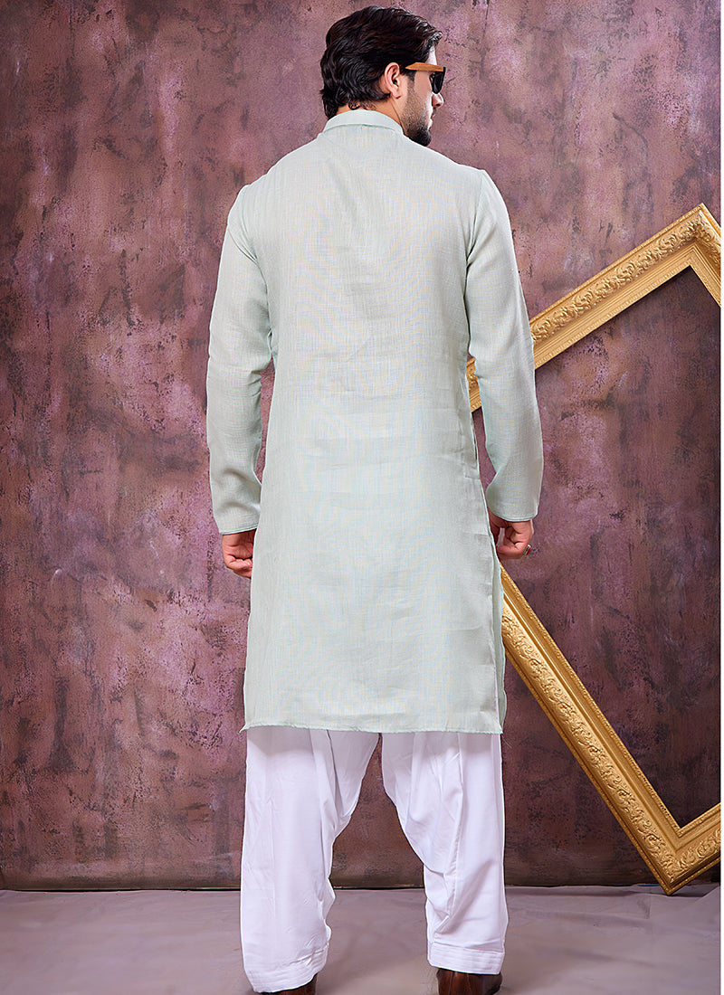 Pista Green Linen Cotton Embroidery Work Occasional Wear Readymade Kurta Pajama SW691769