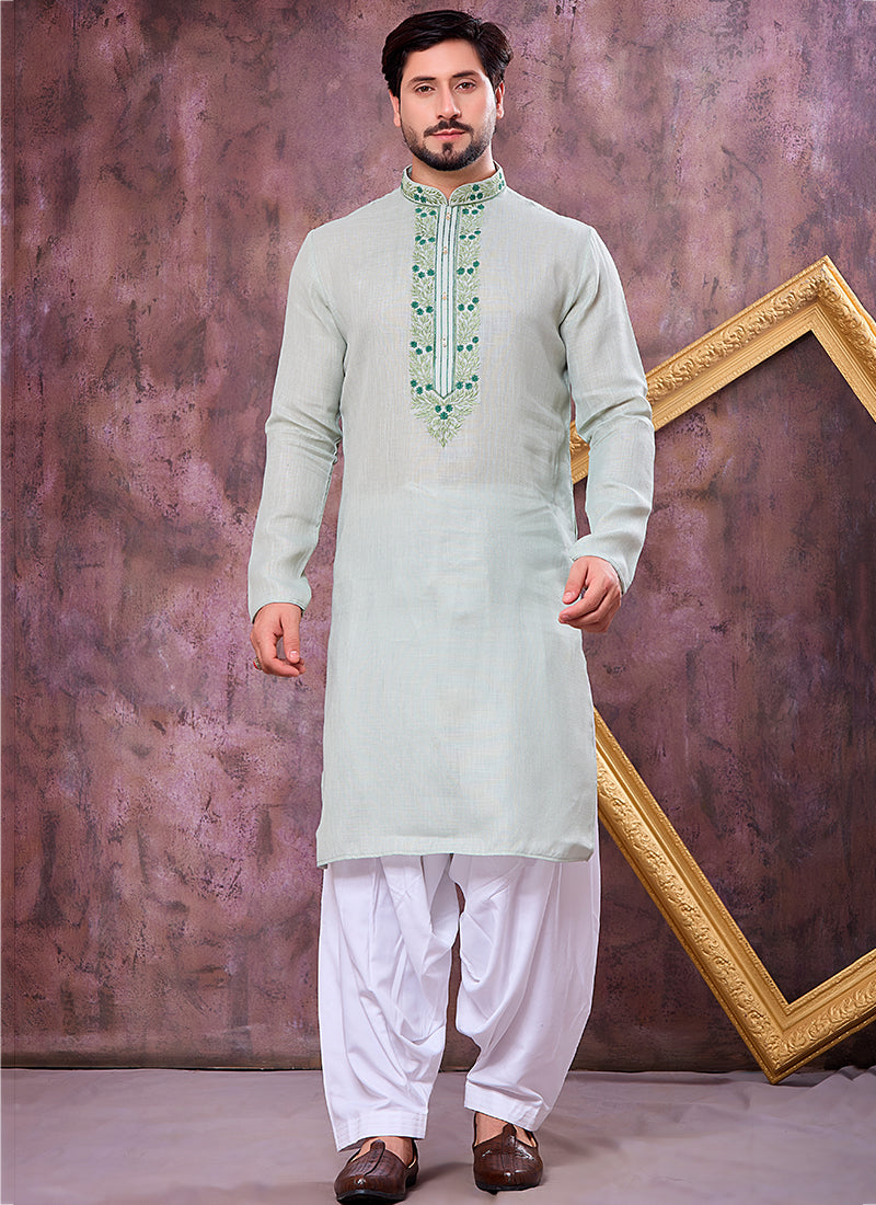 Pista Green Linen Cotton Embroidery Work Occasional Wear Readymade Kurta Pajama SW691769