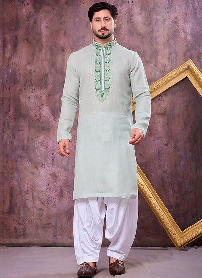 Pista Green Linen Cotton Embroidery Work Occasional Wear Readymade Kurta Pajama SW691769