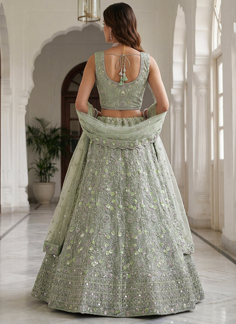 Pista Green Net Embroidery Work Wedding Wear Lehenga Choli SW108373