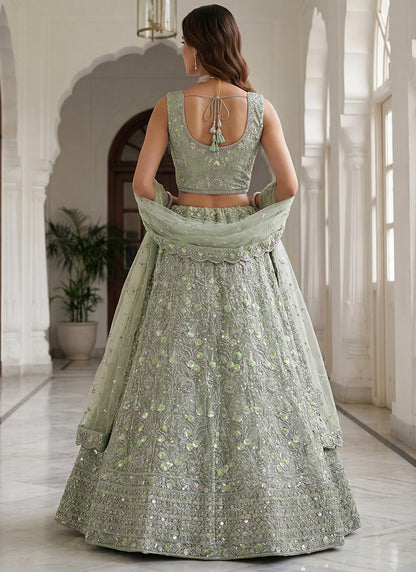 Pista Green Net Embroidery Work Wedding Wear Lehenga Choli SW108373