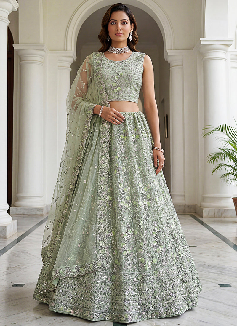 Pista Green Net Embroidery Work Wedding Wear Lehenga Choli SW108373