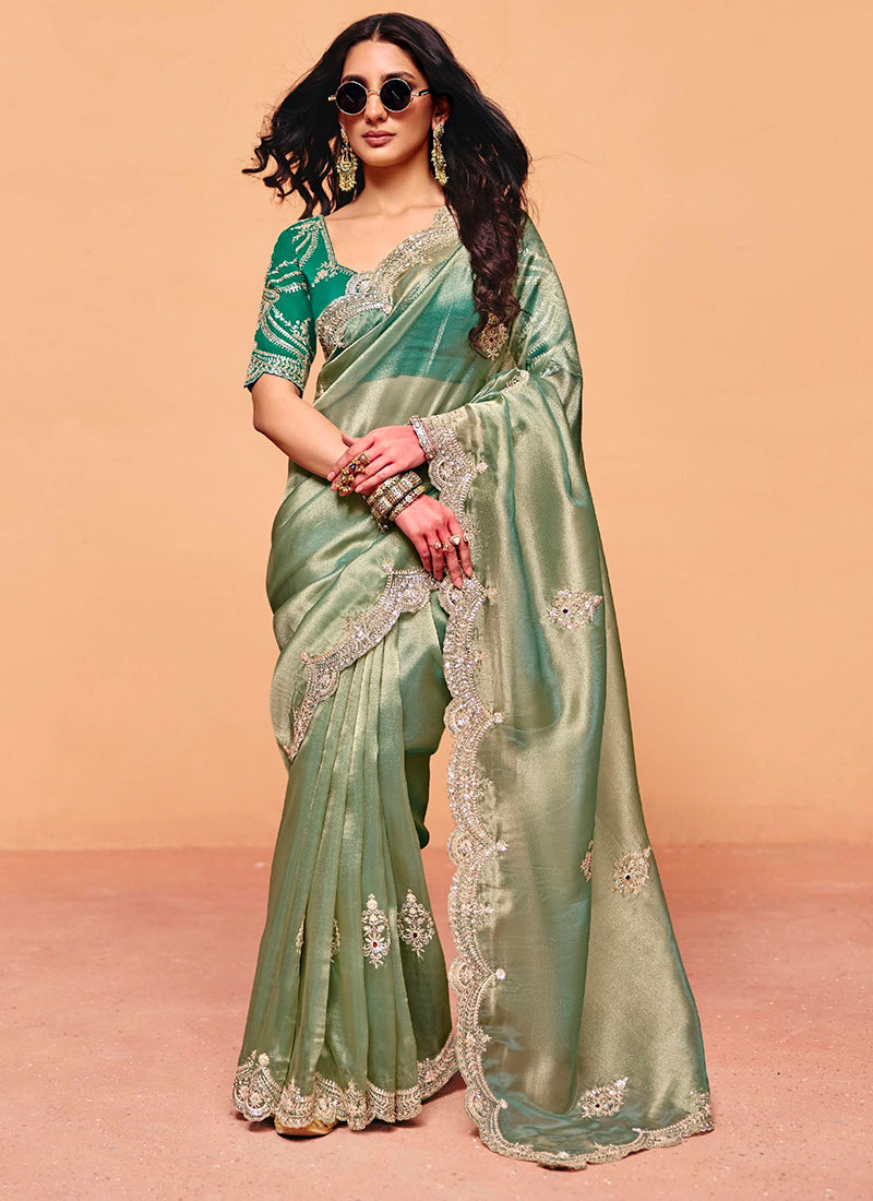 Pista Green Organza Sequins Work  Party Wear Saree SW120449