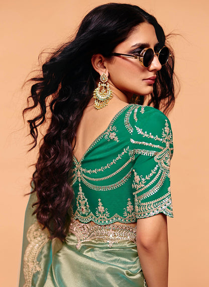 Pista Green Organza Sequins Work  Party Wear Saree SW120449
