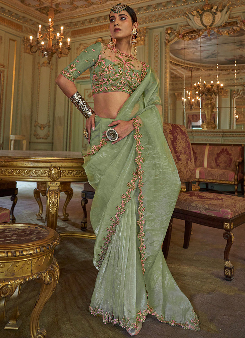 Pista Green Tissue Silk Thread Work Occasional Wear Saree SW520287