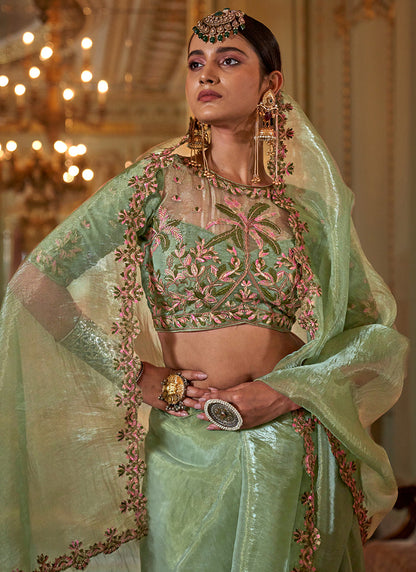 Pista Green Tissue Silk Thread Work Occasional Wear Saree SW520287