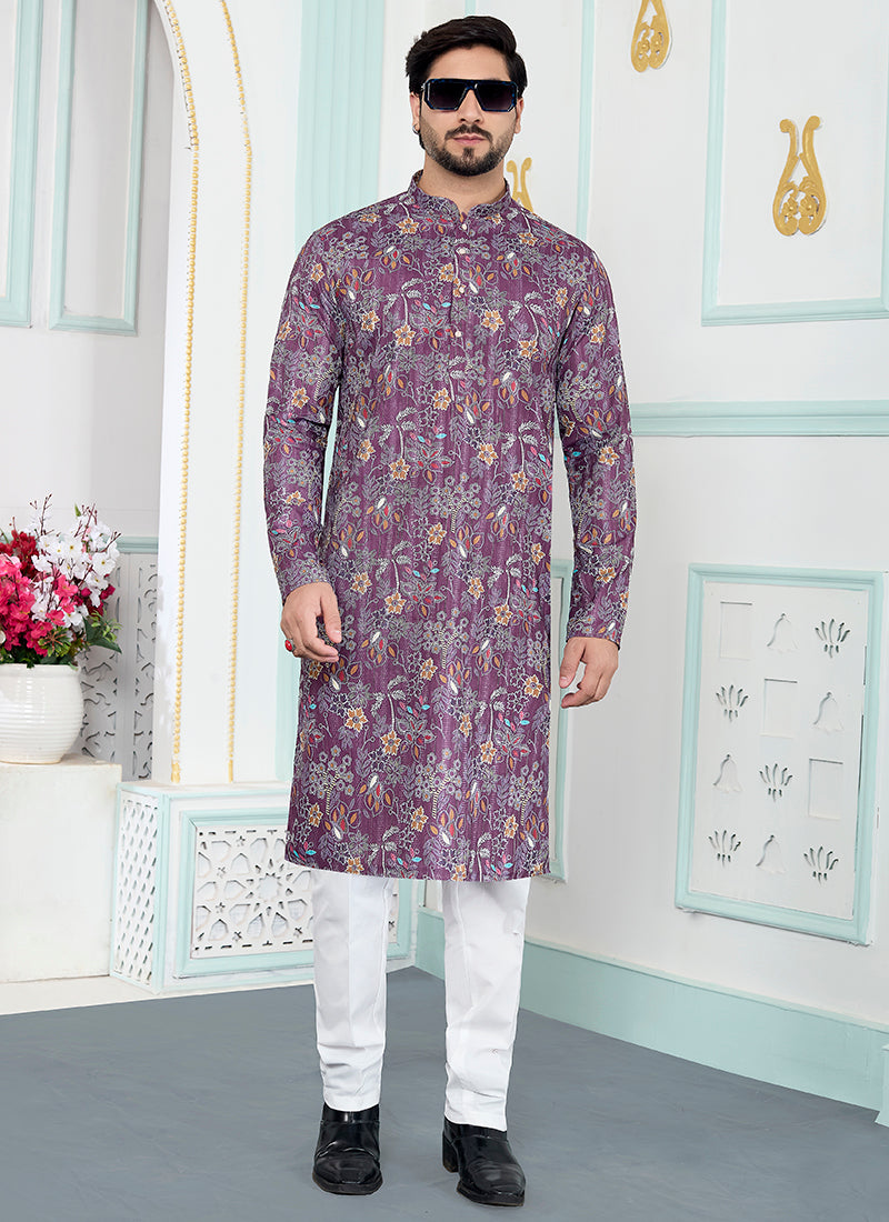 Purple Art Silk Pattern Pcs Festival Wear Readymade Kurta Pajama SW897128