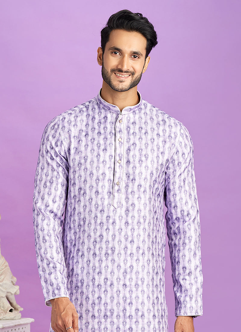 Purple Cotton Pintux Work Festival Wear Readymade Kurta Pajama SW696189