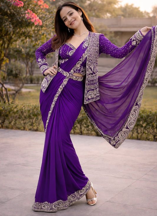 Purple Crepe Silk Embroidery Work Festival Wear Readymade Saree With Koti  SW388371