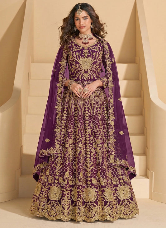 Purple Net Embroidery Work Wedding Wear Anarkali Suit SW274843