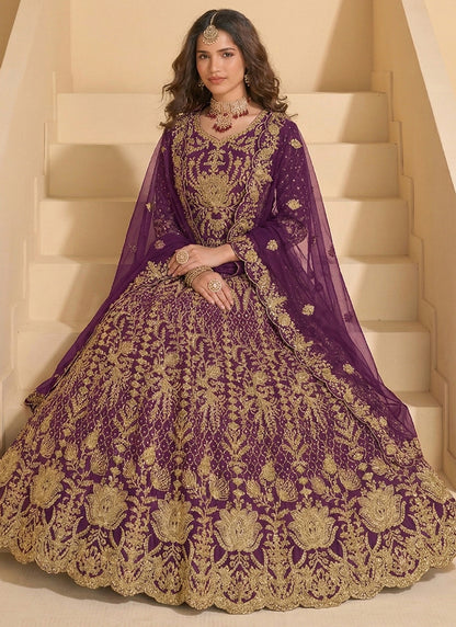 Purple Net Embroidery Work Wedding Wear Anarkali Suit SW274843