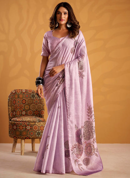 Purple Tussar Silk Printed Work Occasional Wear Saree SW343099