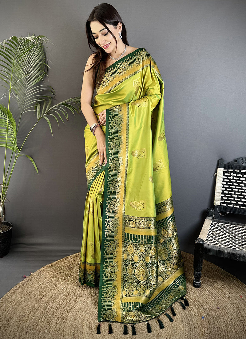 Banarasi Silk Parrot Green Festival Wear Weaving Work Saree 387973