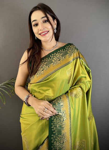 Banarasi Silk Parrot Green Festival Wear Weaving Work Saree 387973