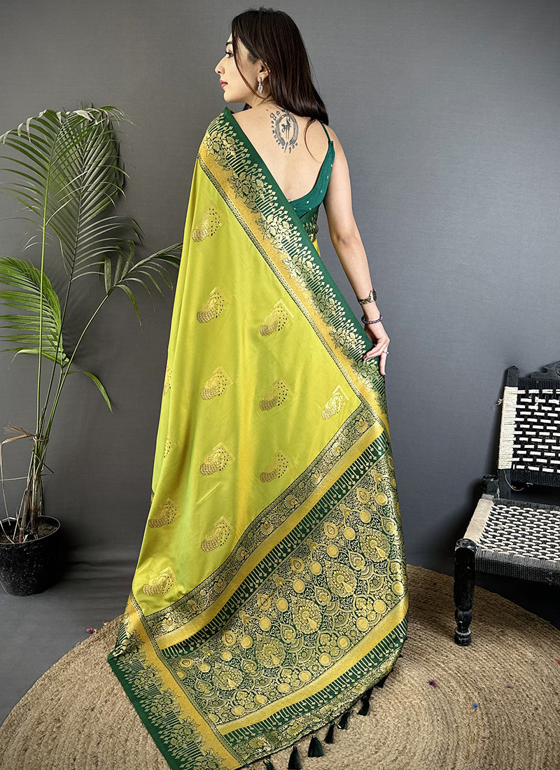 Banarasi Silk Parrot Green Festival Wear Weaving Work Saree 387973