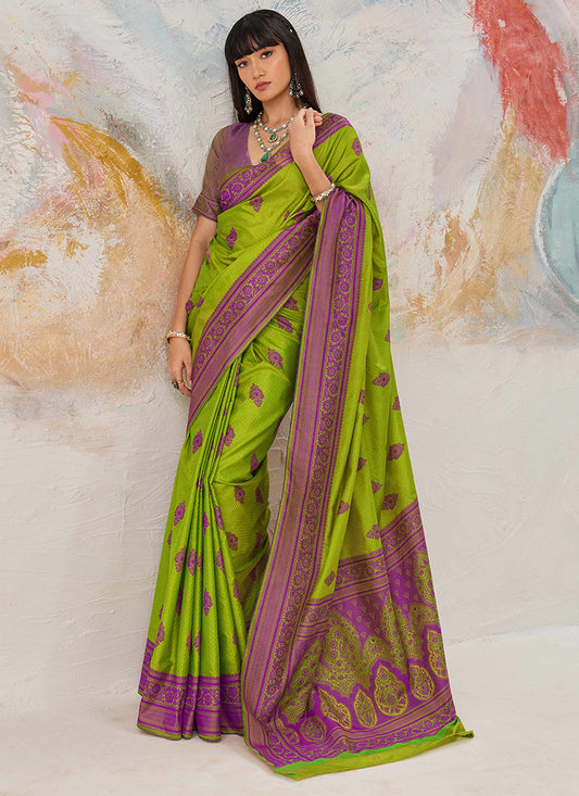 Parrot Green Kanjivaram Silk Weaving Work Festival Wear Saree SW163075