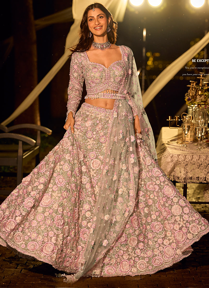 Pure Net Pastel Pink Bridal Wear Heavy Work Readymade Bridal Lehenga Choli 388118