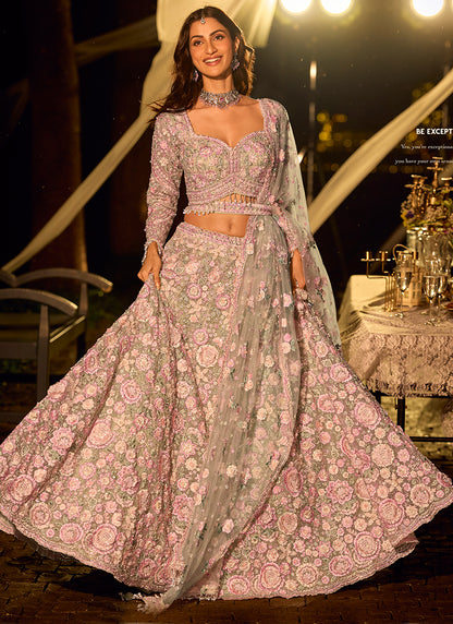 Pure Net Pastel Pink Bridal Wear Heavy Work Readymade Bridal Lehenga Choli 388118