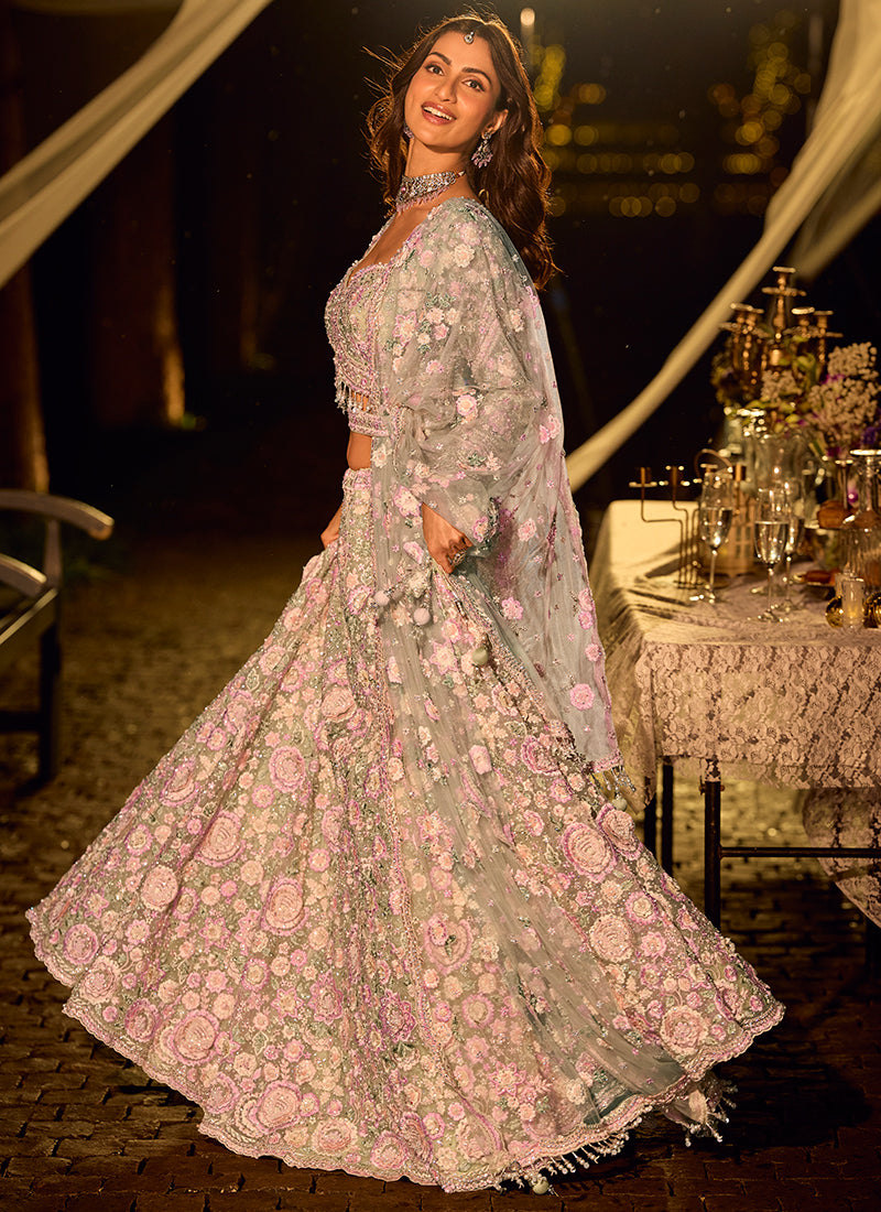 Pure Net Pastel Pink Bridal Wear Heavy Work Readymade Bridal Lehenga Choli 388118