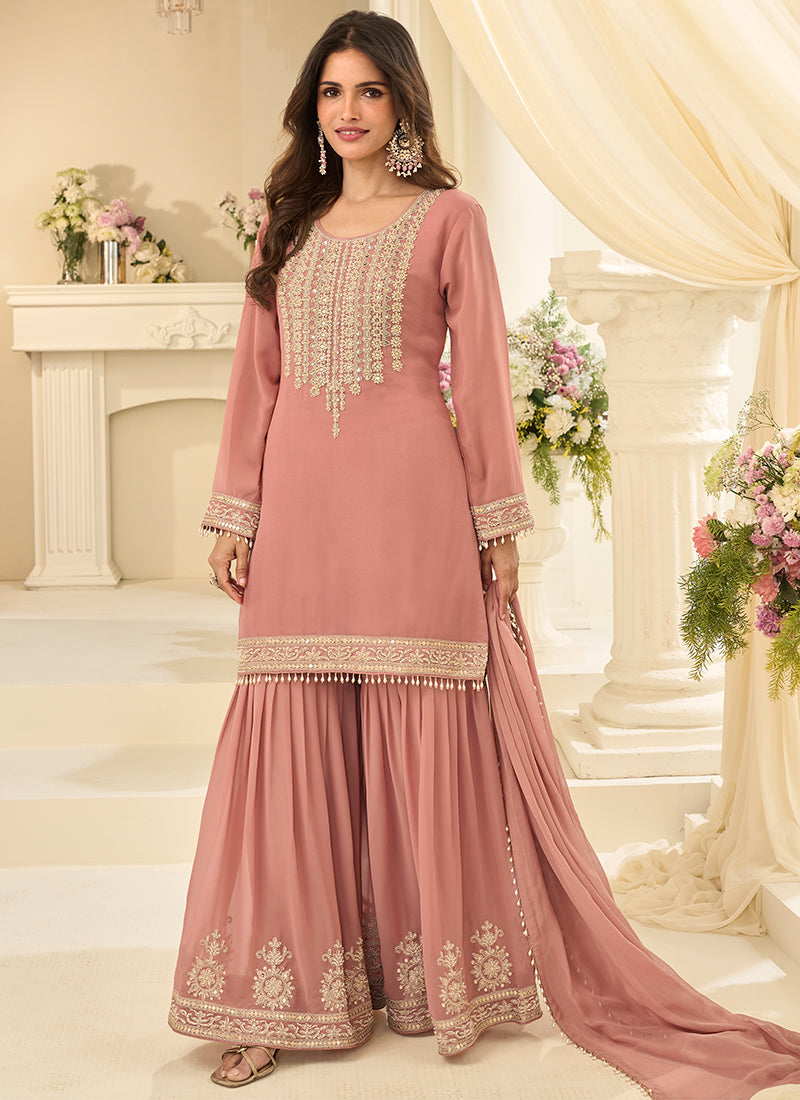 Peach  Georgette Embroidery Work Festival Wear Readymade Sharara Suit SW987404