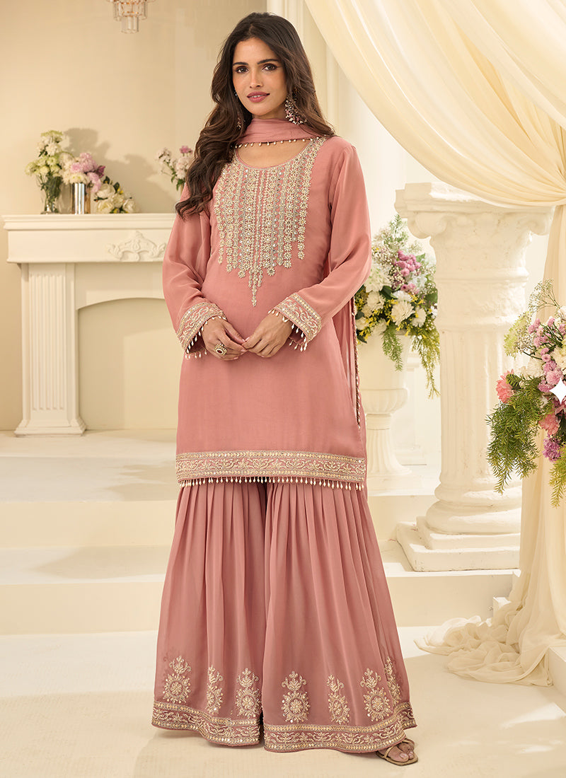 Peach  Georgette Embroidery Work Festival Wear Readymade Sharara Suit SW987404