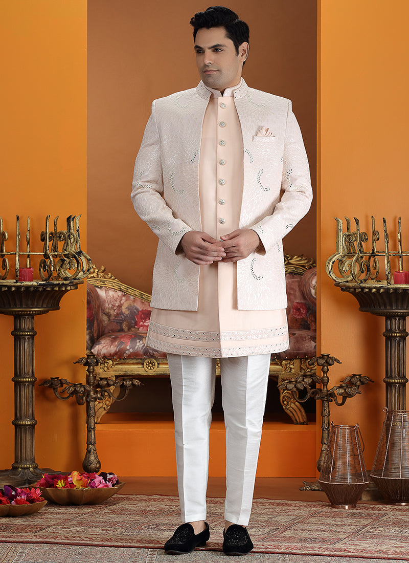 Peach Art Silk Computer Thread Work Wedding Wear Readymade Indowestern Sherwani SW591320